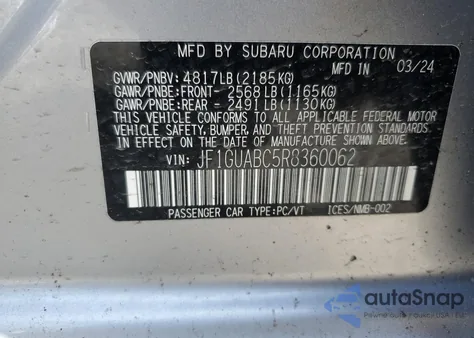 2024 Subaru Impreza из США, поврежденный, VIN JF1GUABC5R8360062